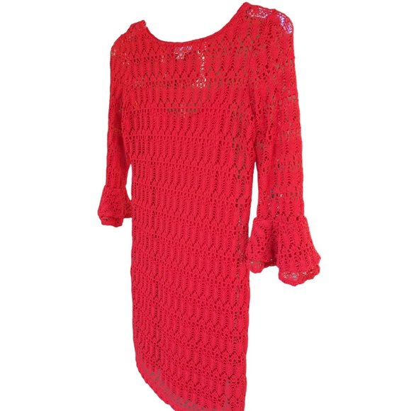 Dress Red Crochet Double Bell Sleeved Matching Liner Tagged DB VIntage Small - Picture 2 of 9
